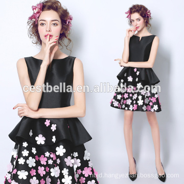 Short Style Printed Flower Black Party Prom Dress Black Cocktail Dress